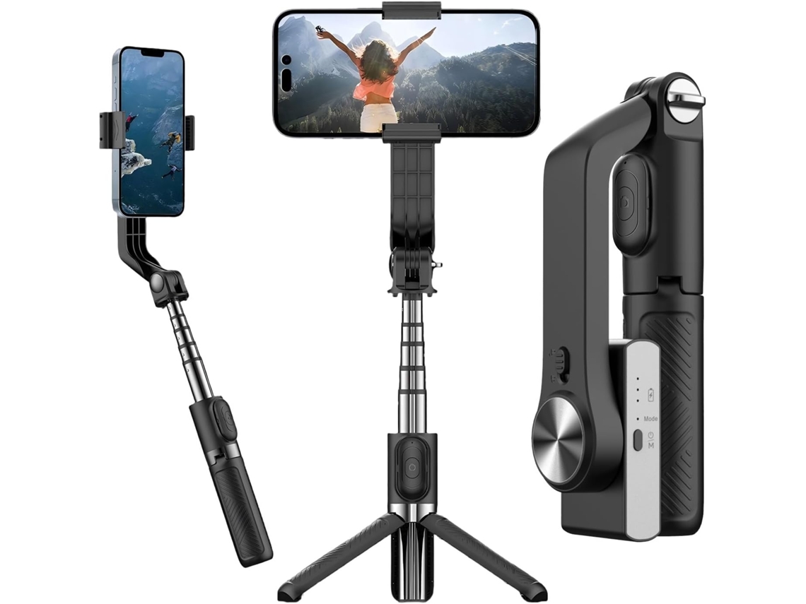 Estabilizador de Smartphone de 1 Eixo com Controle Remoto, Tripé Extensível de Alumínio para Selfies, Equilíbrio Automático JIAPEI (preto)