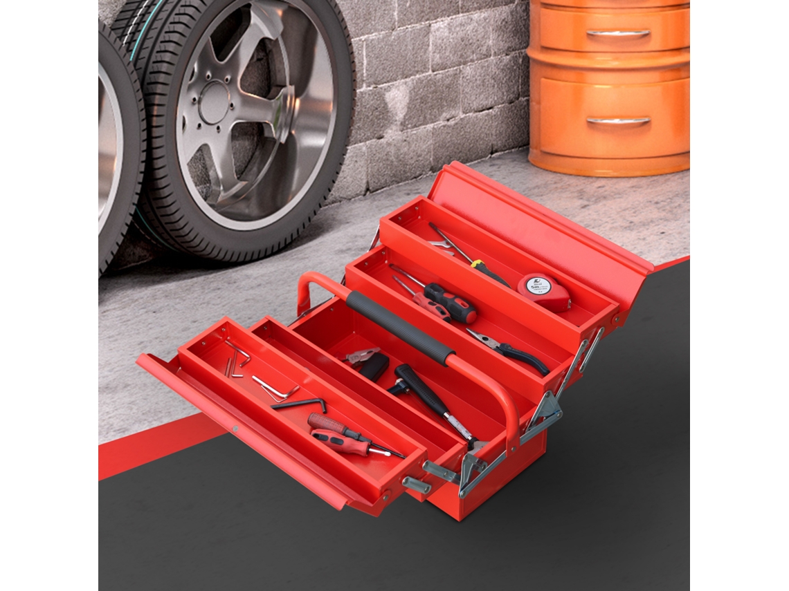 Caixa de Ferramentas Dobrável Aço com 5 Compartimentos Maleta e Alça 45x22.5x34.5 Cm Vermelho