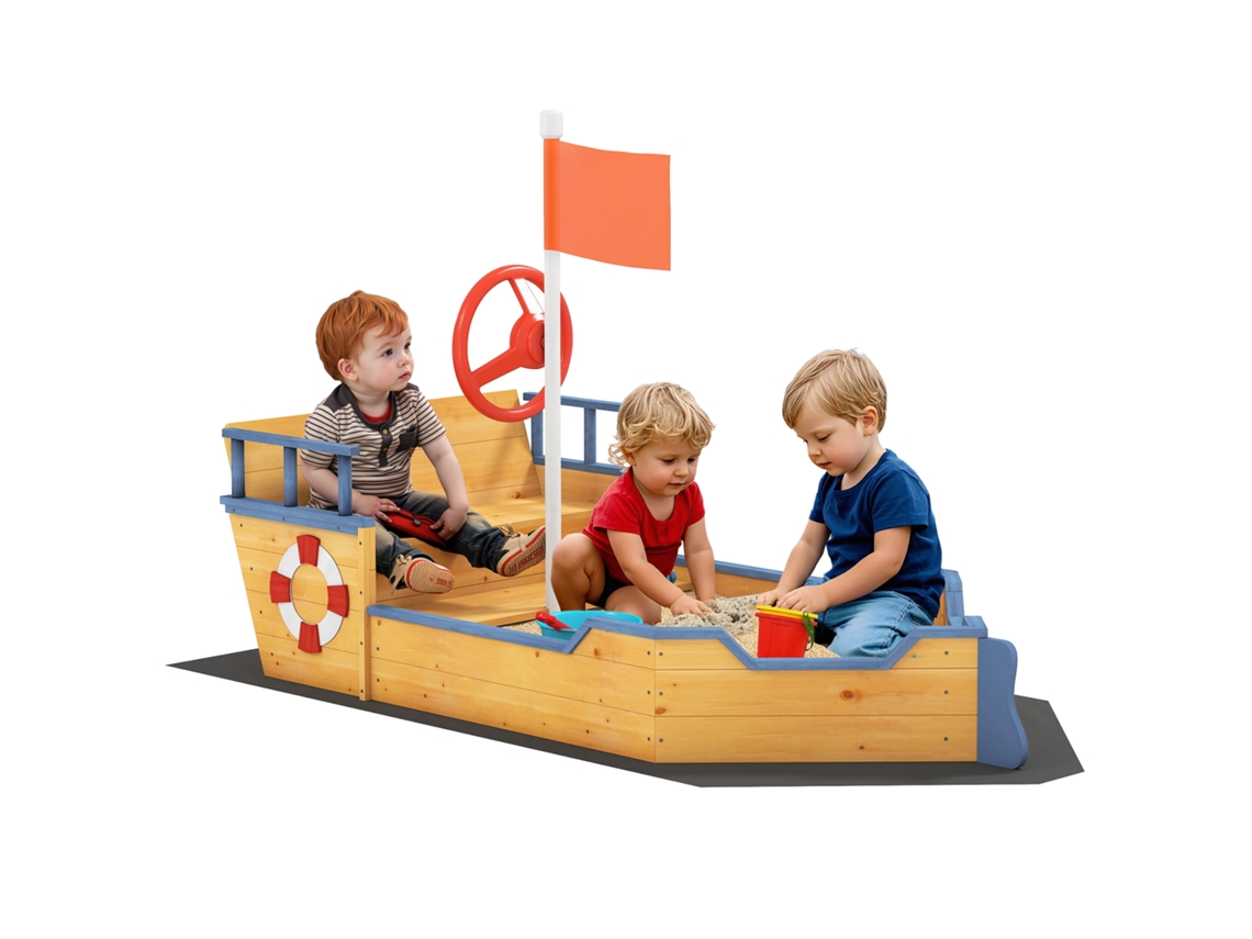 Sandbox em Forma de Navio Pirata para Crianças Leme Red Flag 2 Passos e Armazenamento Ge