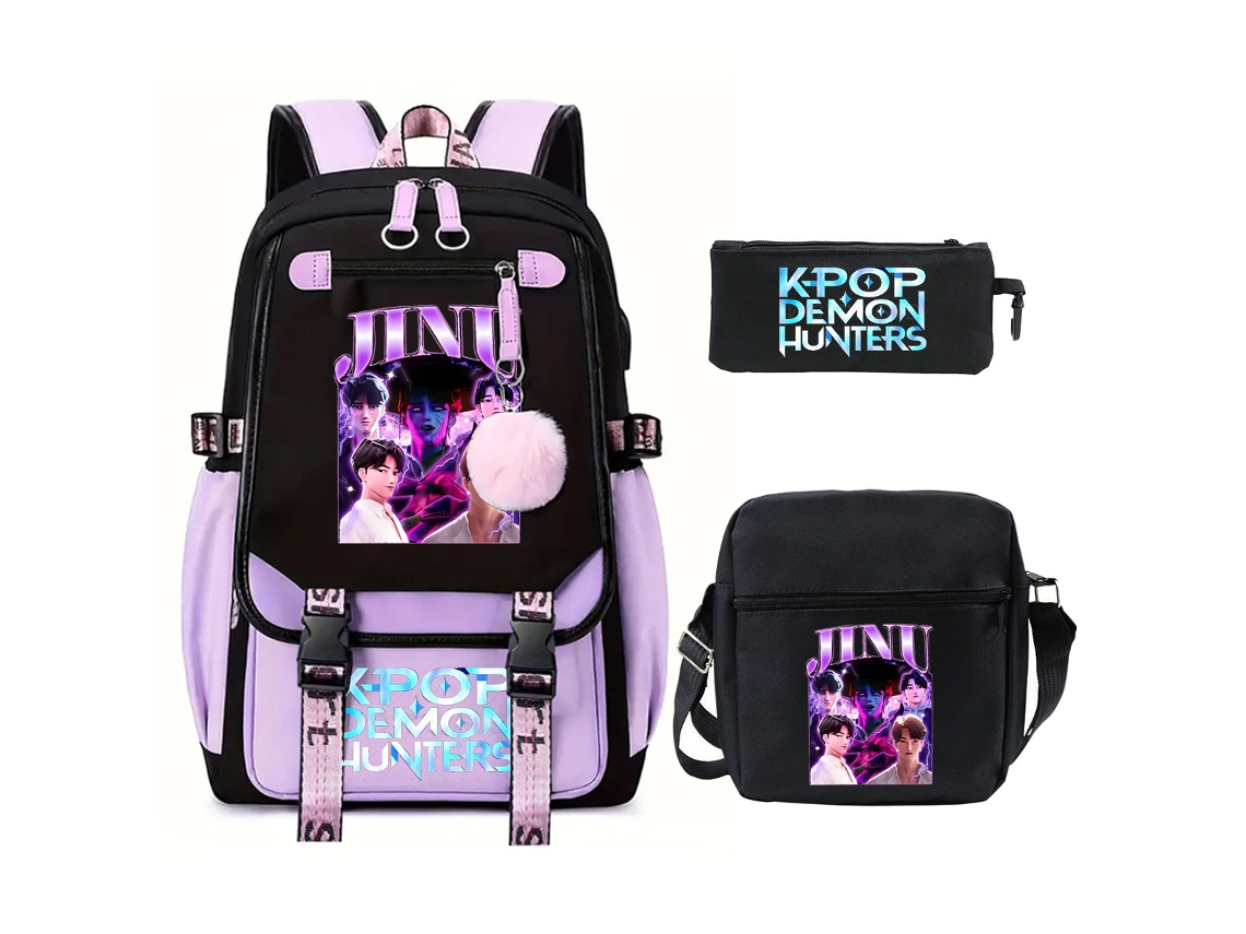 Mochila Escolar De Anime Conjunto De Três Peças, Com Bolsa Transversal E Estojo, Grande Capacidade, Impermeável, Estilo 3 Roxo