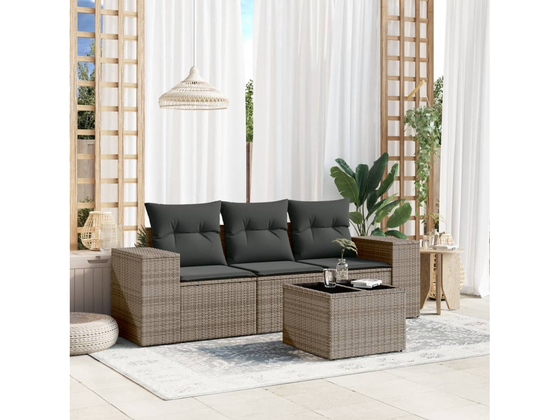 Vidaxl 4 Pcs Conjunto Sofás De Jardim C/ Almofadões Vime Pe Cinzento