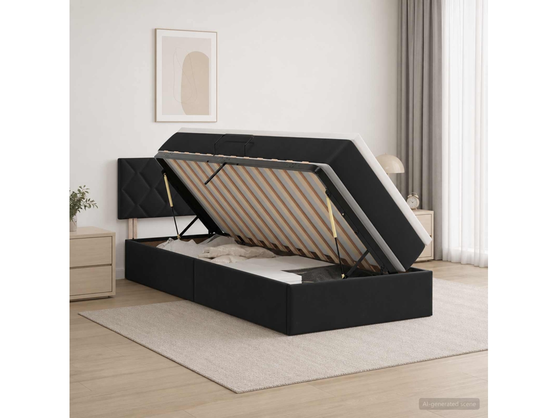 Vidaxl Cama De Armazenamento Led Com Colchão Preto 90 X 190 Cm Veludo
