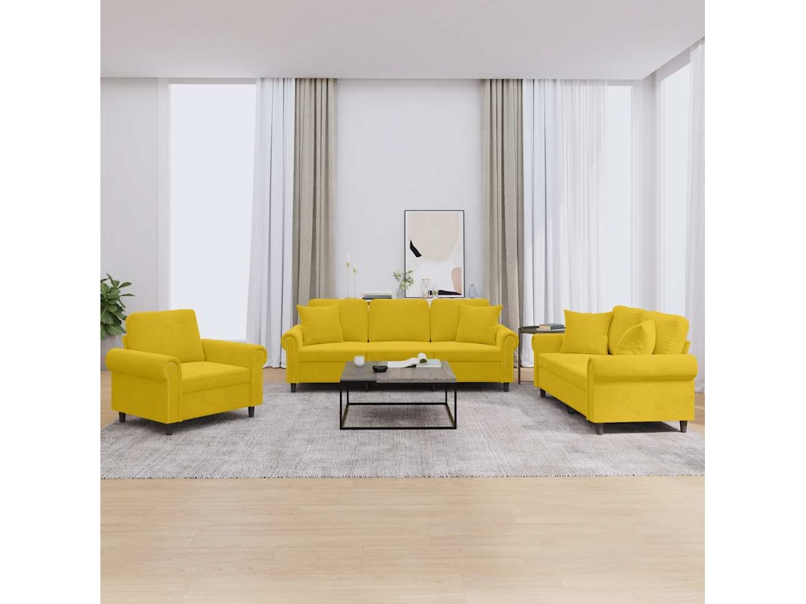 Vidaxl 3 Pcs Conjunto De Sofás Com Almofadas Veludo Amarelo