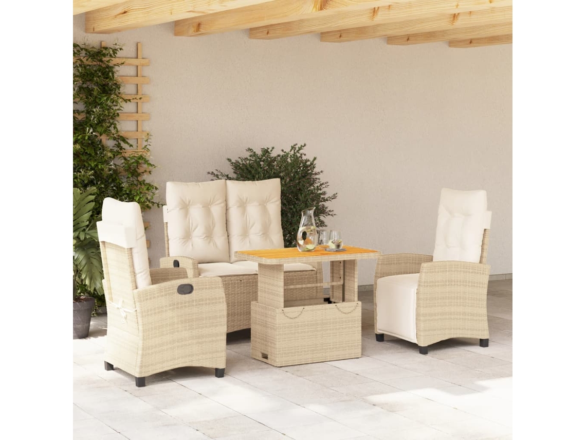 Vidaxl 4 Pcs Conjunto De Jantar P/ Jardim C/ Almofadões Vime Pe Bege