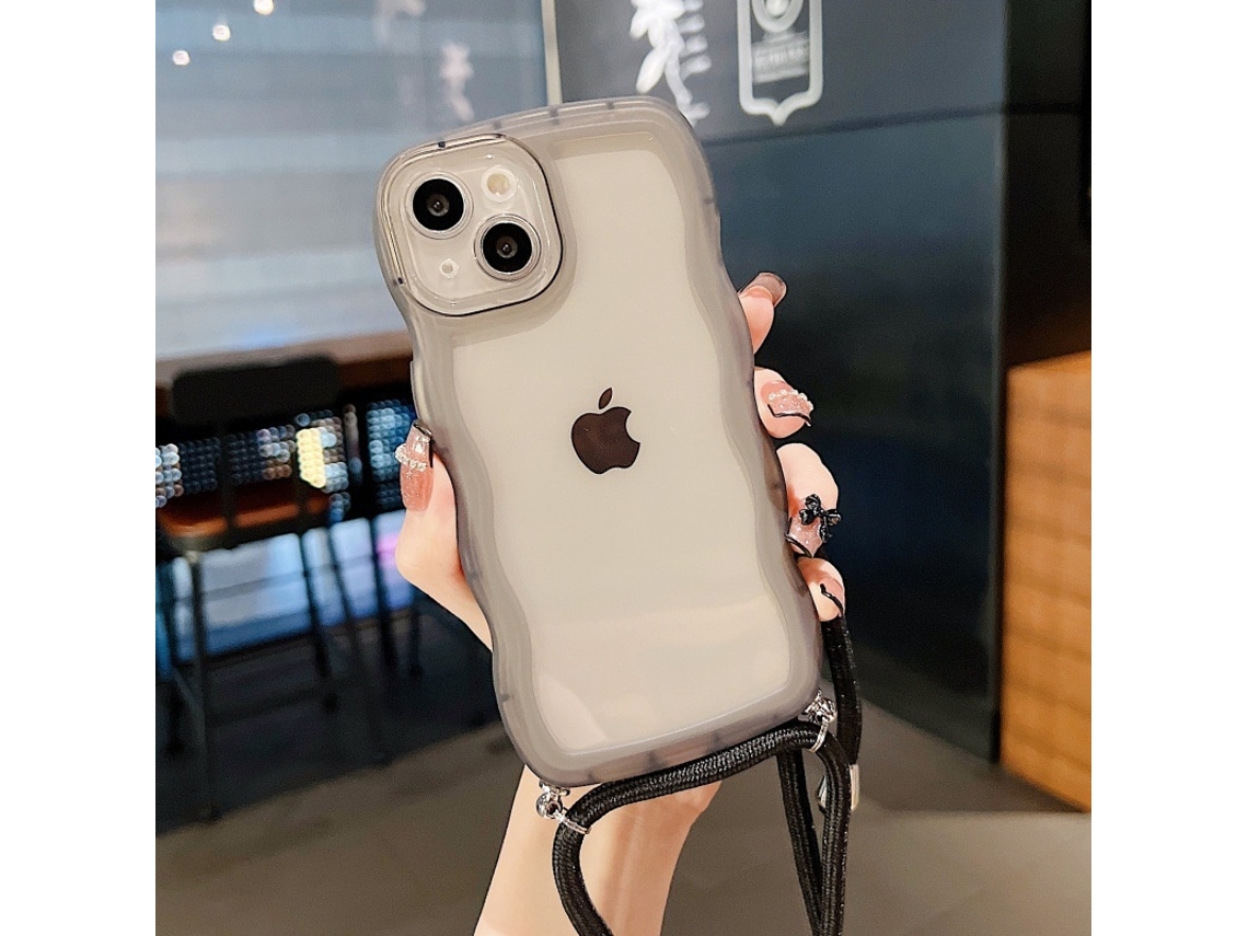 Capa Para Iphone 17 Air Preta Com Estampa De Ondas, Alça Transversal Transparente.