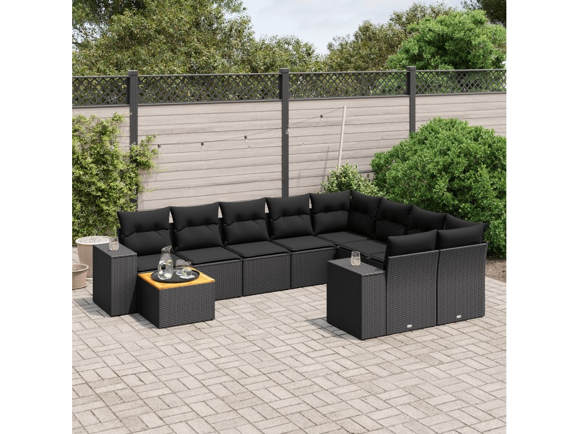 Vidaxl 10 Pcs Conjunto Sofás De Jardim C/ Almofadões Vime Pe Preto