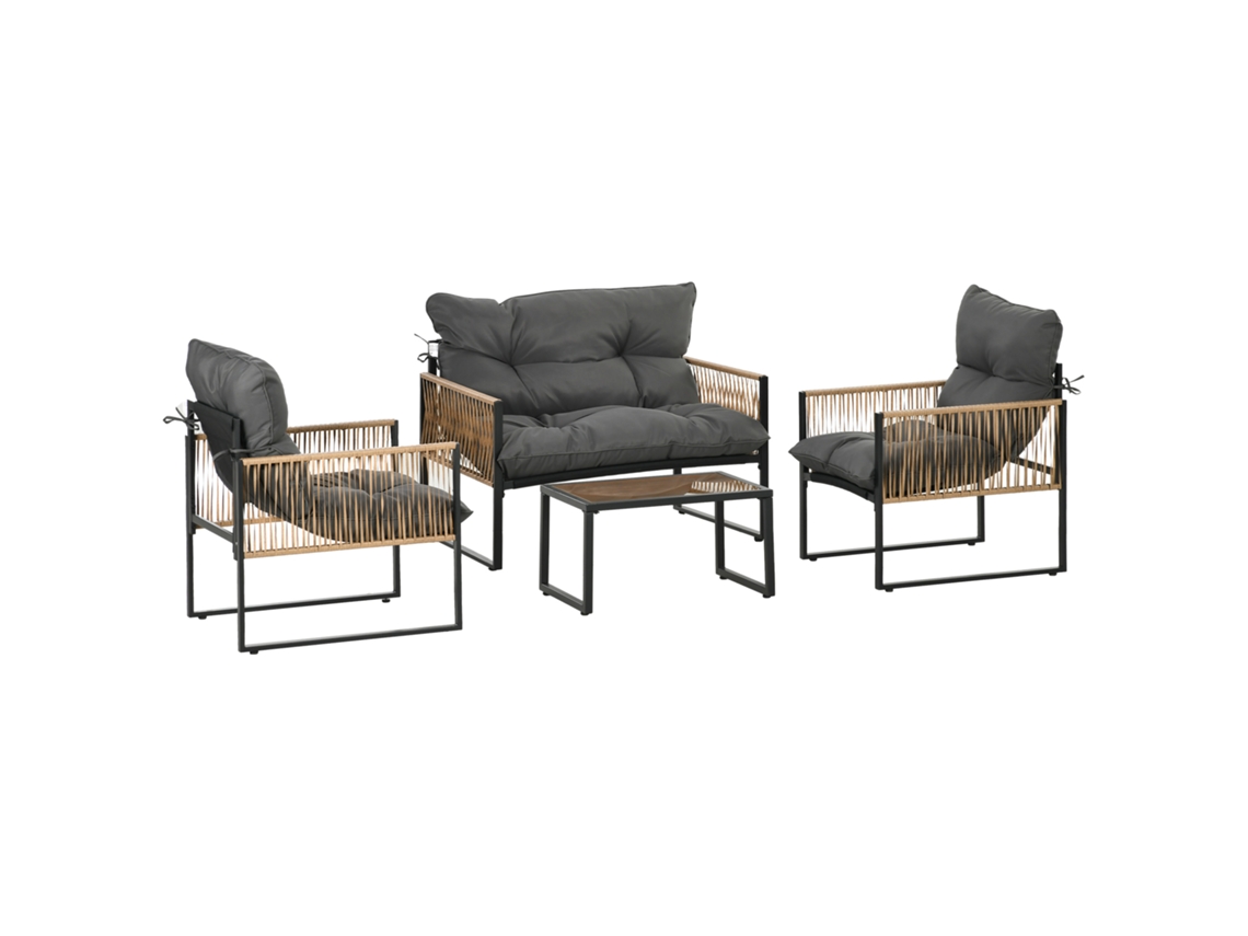 Conjunto de móveis de jardim com 4 peças: sofá, 2 cadeiras e mesa com tampo de vidro, polirrattan, cinza antracite BTFORUS