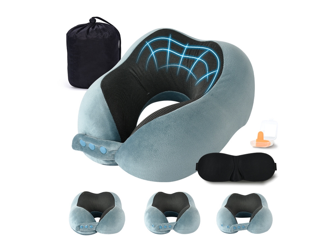 Travesseiro De Viagem Espuma Viscoelástica, Ajustável Para O Pescoço, Com Máscara Os Olhos E Tampões Ouvido, Azul. Aquaforge