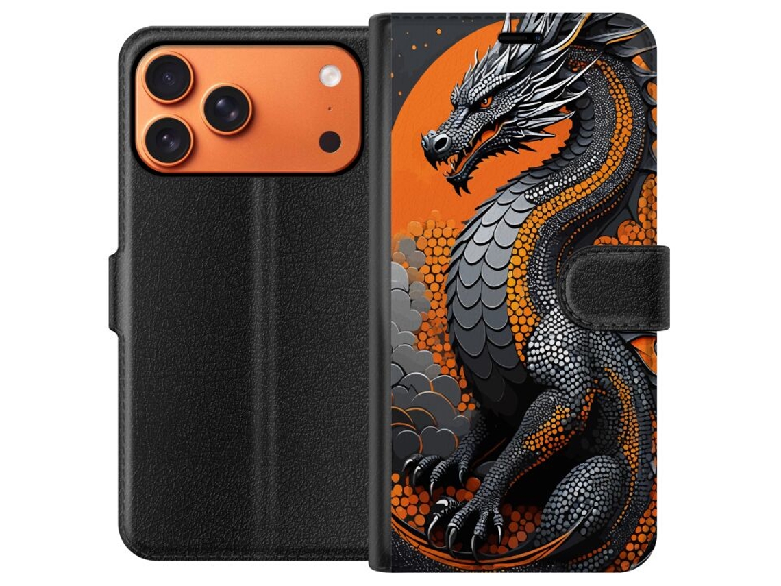 Capa Carteira Compatível Com Apple Iphone 17 Pro Max. Dragão Detalhado Em Preto E Laranja Com Escamas E Pose Poderosa Em Design Estilizado.