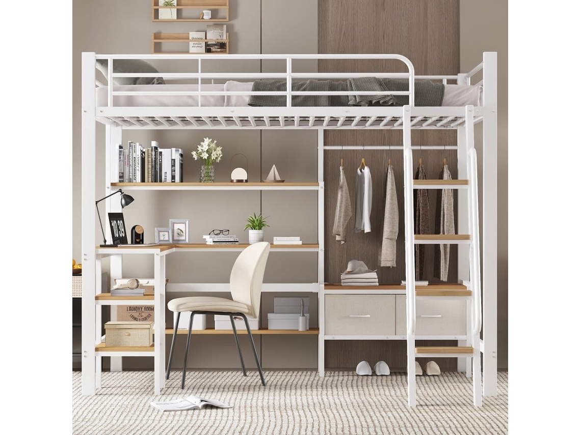 Cama Loft 90x200cm - Inclui 2 Caixas De Arrumação, Secretária, Prateleira, Escada Inclinada - Branco+natural