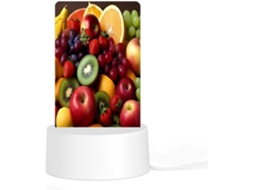 Luminária noturna em acrílico com base e plugue de plástico, apresentando uma estampa de frutas e vegetais frescos.