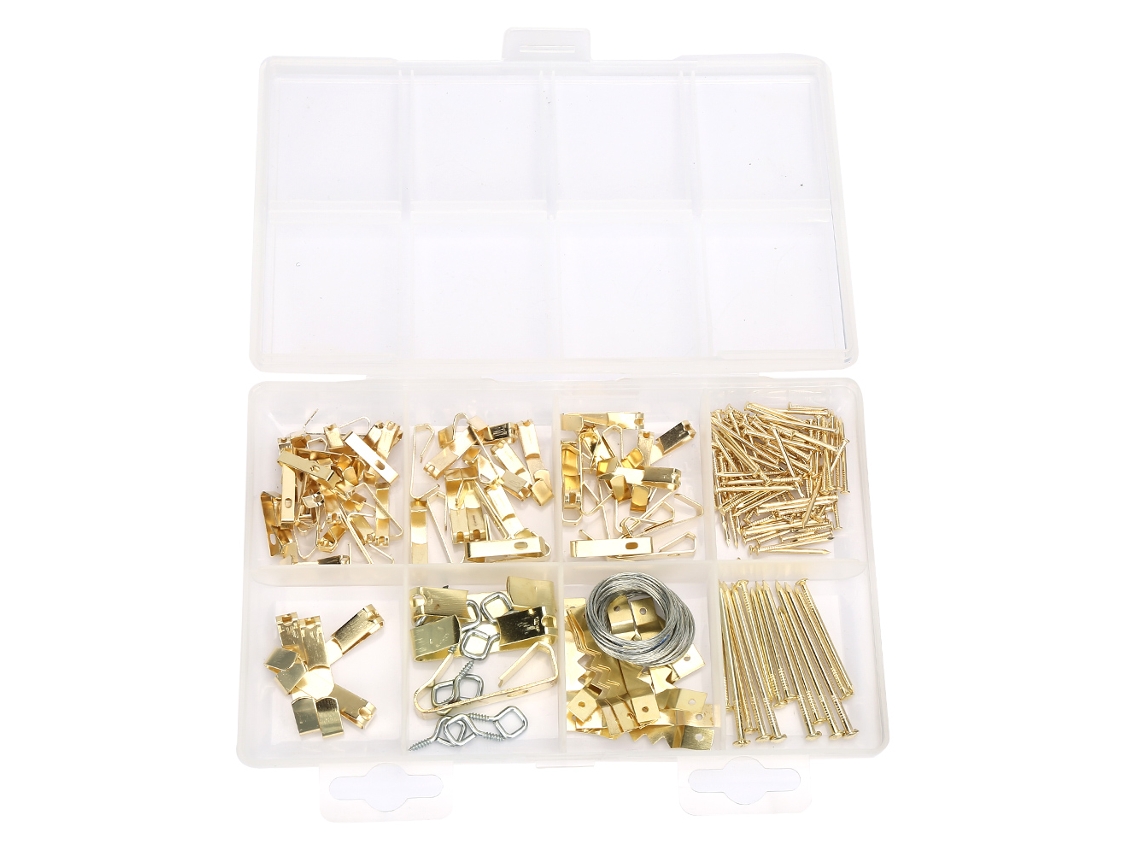 Kit com 200 peças sortidas de pregos, ganchos e parafusos de ferro para pendurar quadros e molduras.