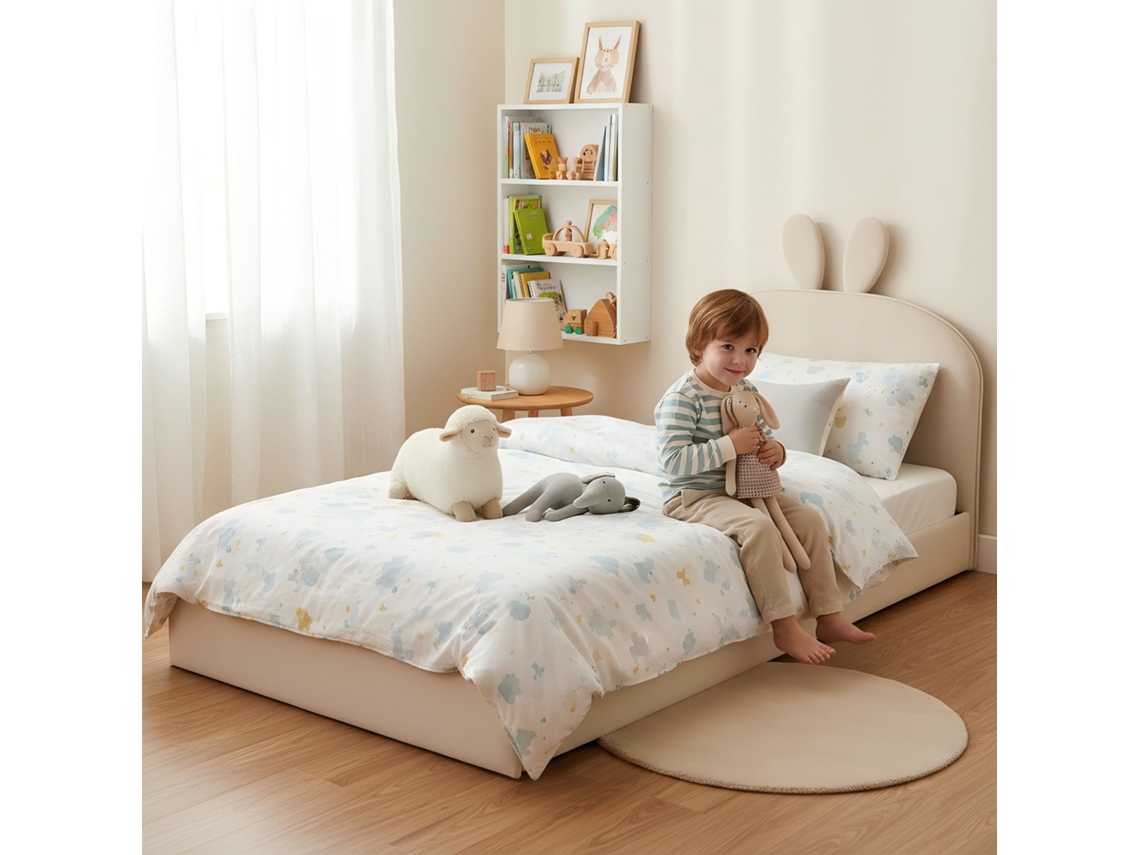 Cama Infantil Bege 90x200cm Com Poltrona Cabeça Coelho