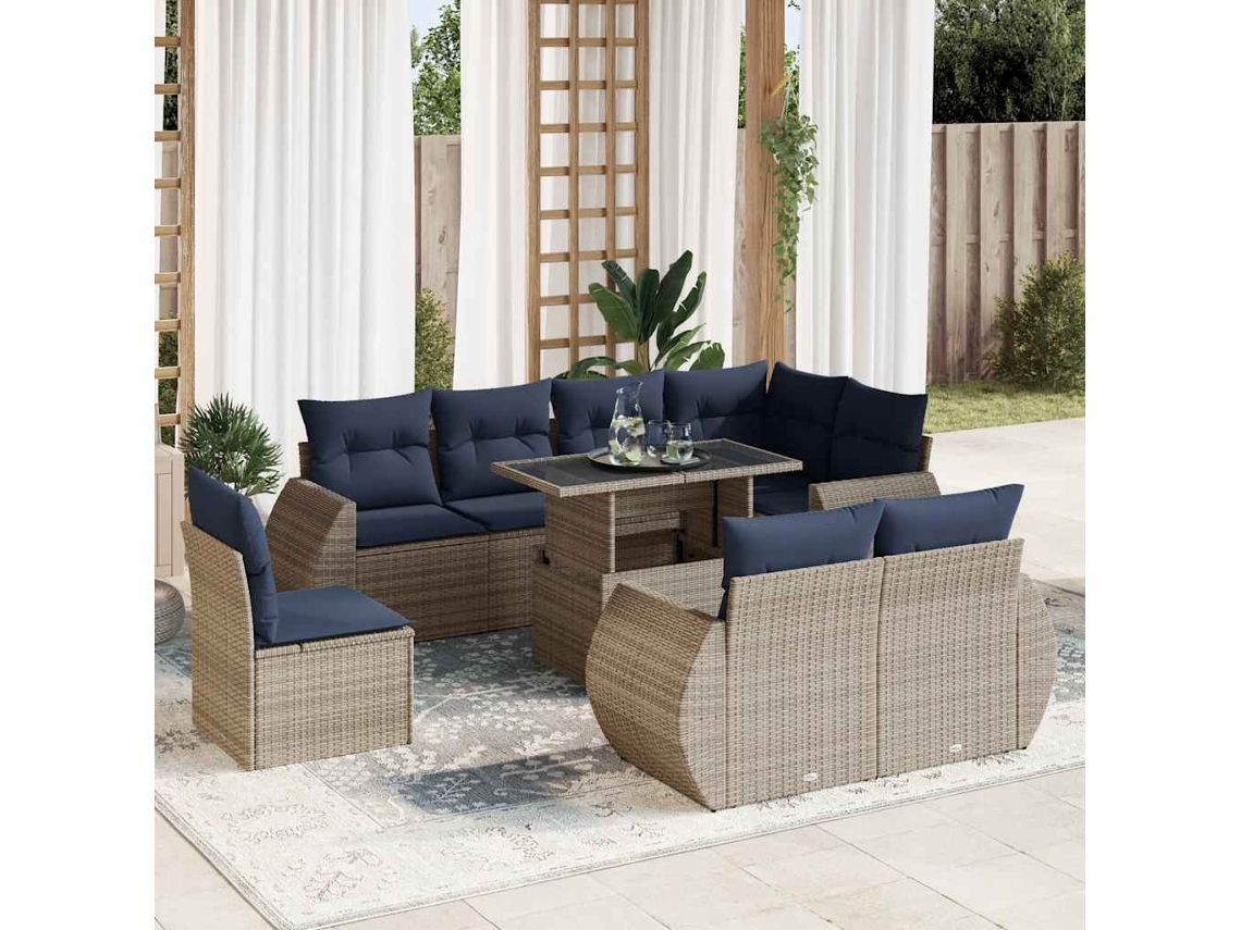 Vidaxl 9 Pcs Conjunto Sofás Jardim Almofadões Vime Pe/acácia Cinzento