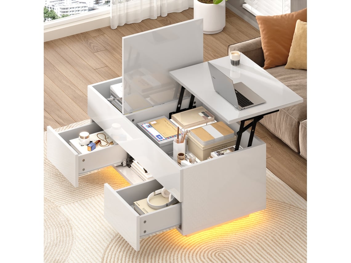 Mesa Centro Levantável Branca 100x45x43cm 2 Gavetas, Led Alto Brilho, Armazenamento Ocultool