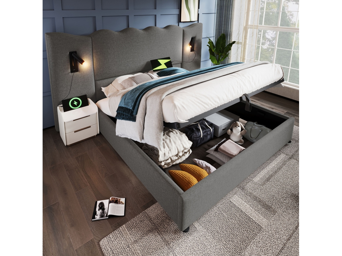 Cama Casal 180x200 Madeira Metal Cinza Lâmpada Usb-c Armazenamento