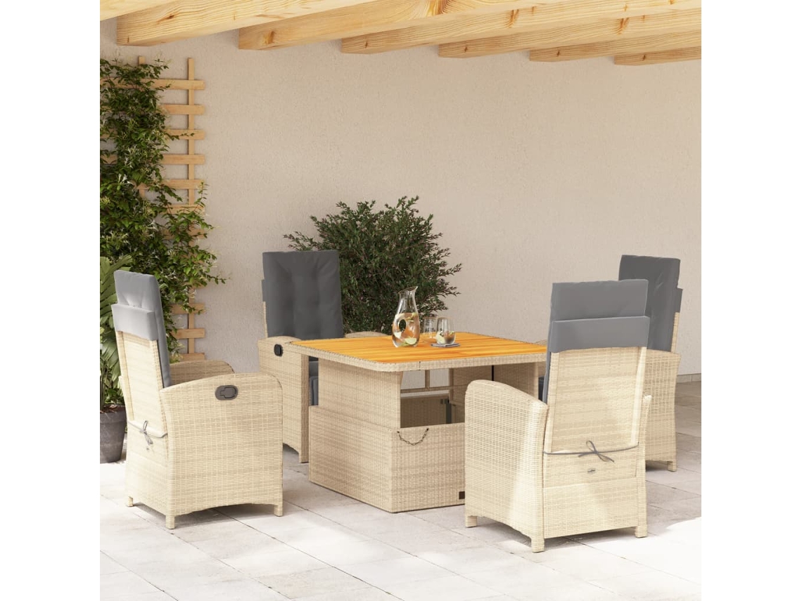 Conjunto 5 Peças Jantar P/ Jardim Com Almofadões Vime Pe Bege Dkd Home Decor
