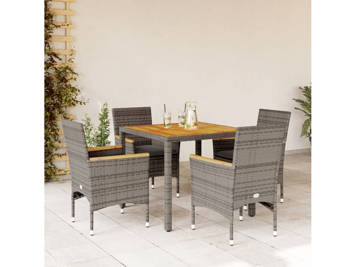 Vidaxl 5 Pcs Conjunto Jantar Jardim C/ Almofadões Vime Pe/acácia Cinza