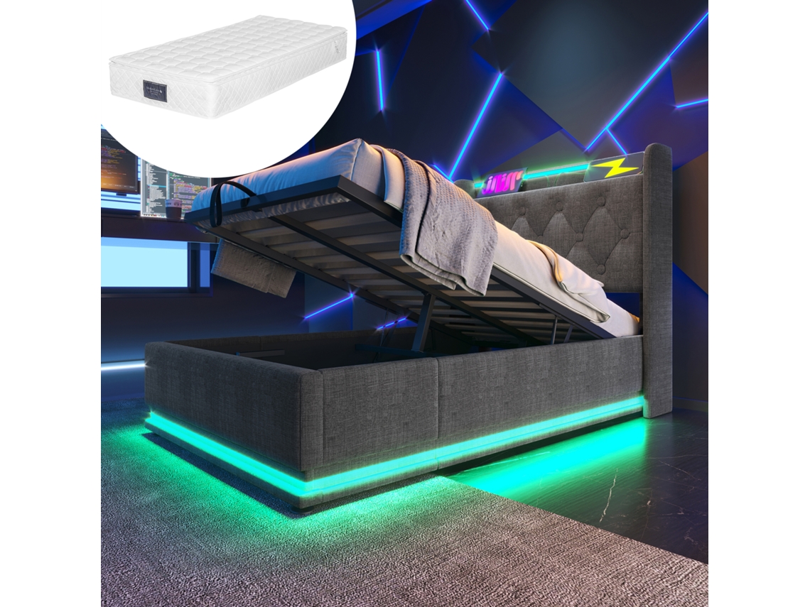 Cama Solteiro 90x200 Led 360 Armazenamento Usb c Cinza C/ Colchão