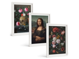 Quadros Decorativos Para Parede Flores, Crânio, Retrato Da Mona Lisa Moldura Branca Quadros Para O Escritório Espelharte (3 Piezas De 40x60 Cm)