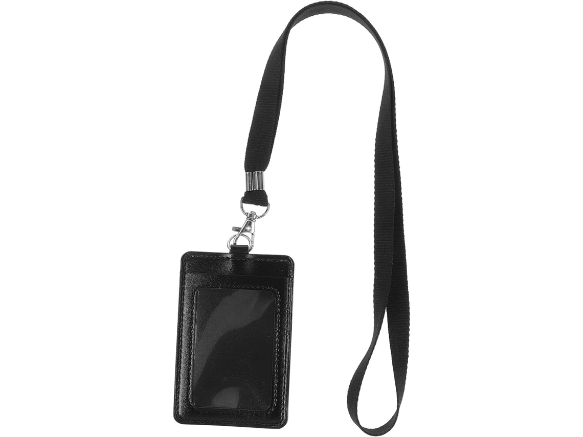 Porta Crachá Vertical Em Couro Pu Preto Com Cordão E Clipe Giratório | Com, Capa Transparente Resistente Ao Desgaste