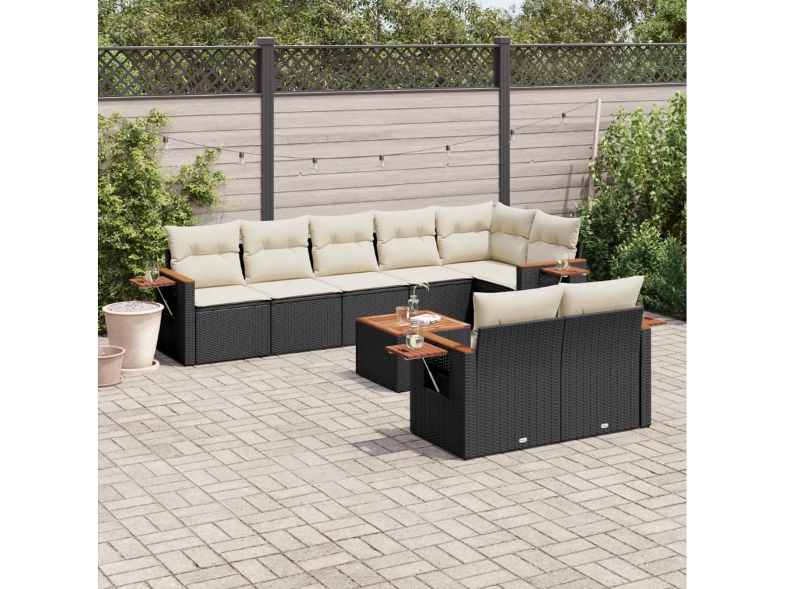 Vidaxl 9 Pcs Conjunto De Sofás P/ Jardim C/ Almofadões Vime Pe Preto