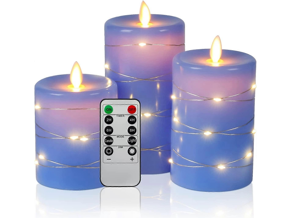 3 Velas Sem Chama Com Luzes De Corda Estreladas (azul)