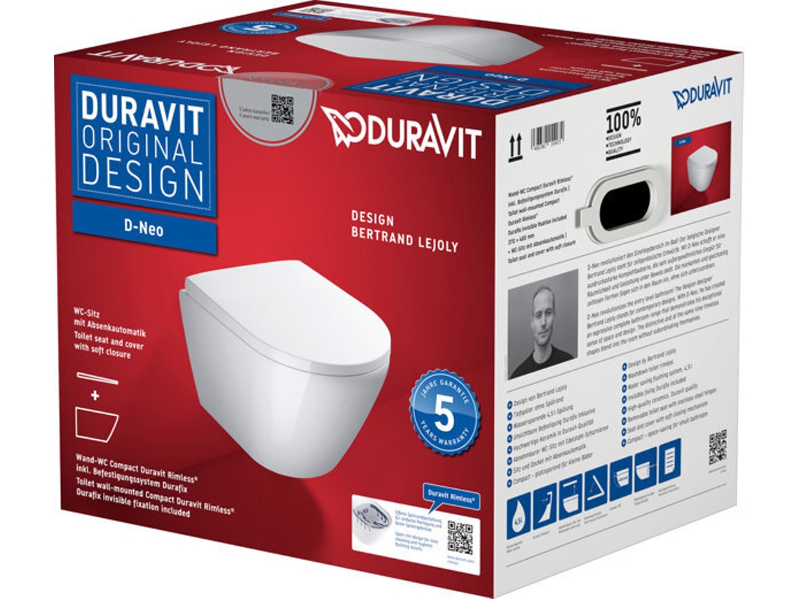 Conjunto de Wc Suspenso DURAVIT D-Neo com Wc Suspenso Compacto Fixação Oculta Incl. Assento de Wc Amovível 45880900A1