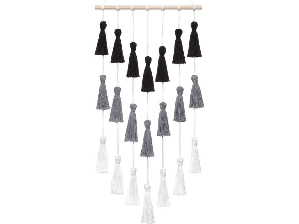 Pintura De Parede Macramé Linjou Tejida Com Borlas Arte Bohemio Decoração De Casa Preto Cinza E Branco