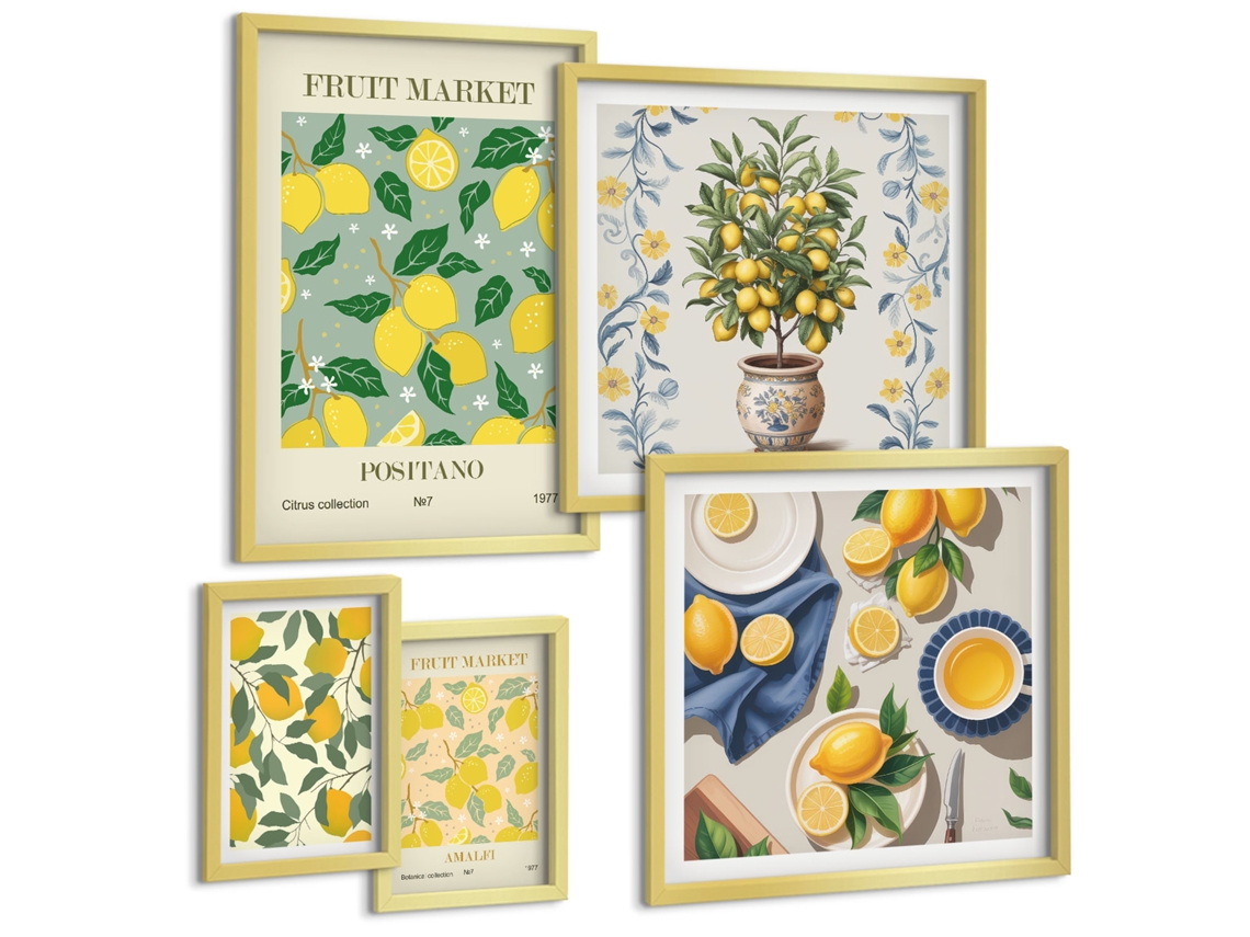 Conjunto De Pinturas Frutas Cítricas Na Cozinha, Mar, Cidade Moldura Dourada Imagens Para Um Quarto Infantil Espelharte (conjunto De 5 Imagens)