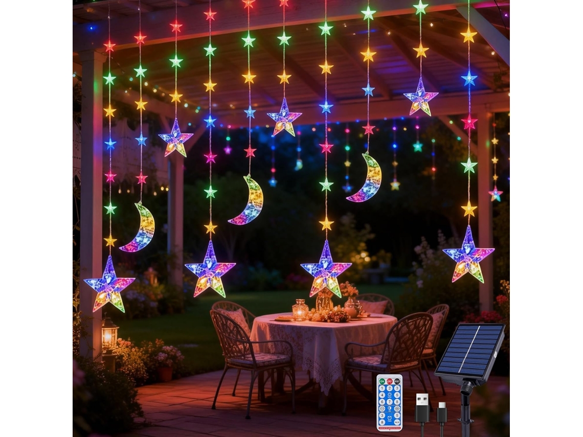 Luzes De Corda Para O Ramadã - Padrão Estrelas E Lua Cortina Led Com