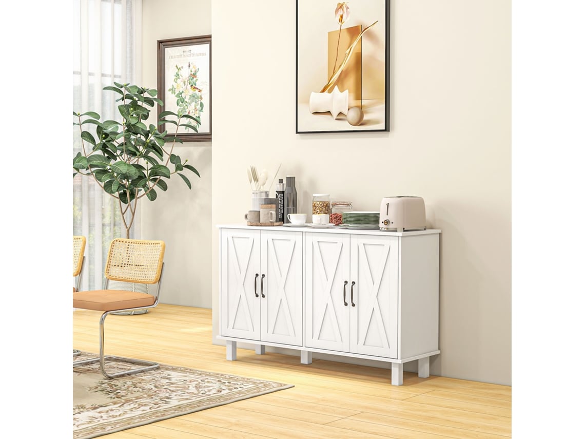 Móvel Multiuso Branco Em Mdf, 120x37x75 Cm, Com 5 Pernas, 4 Níveis E 2 Prateleiras Que Se Ajustam.