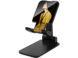 Mulher Elegante De Vestido Amarelo Com Brincos, Suporte Dobrável E Ajustável Para Celular, Suporte Para Celular De Mesa