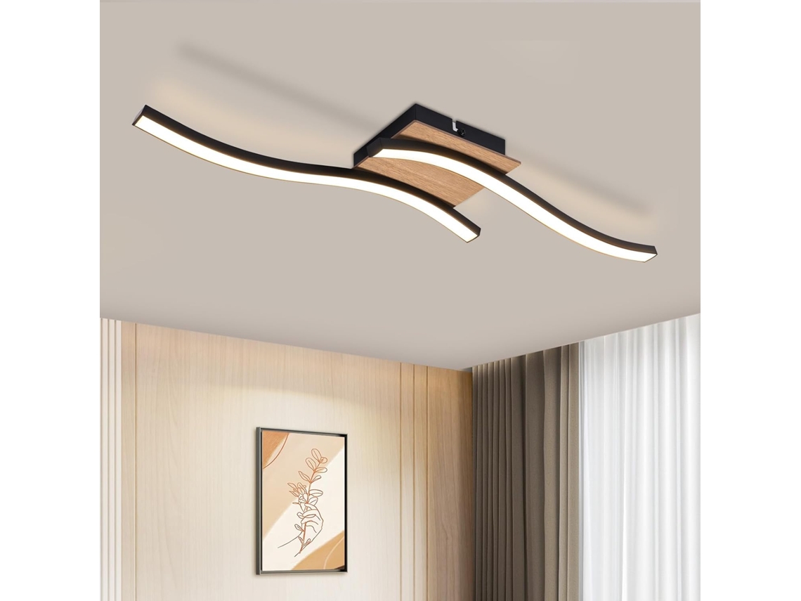 Nettlife Candeeiro, Led Plafon 12 W Madeira 3000 K Branco Quente Design Moderno Preto Metal, Em Alumínio E Metal, Para Sala, Quarto