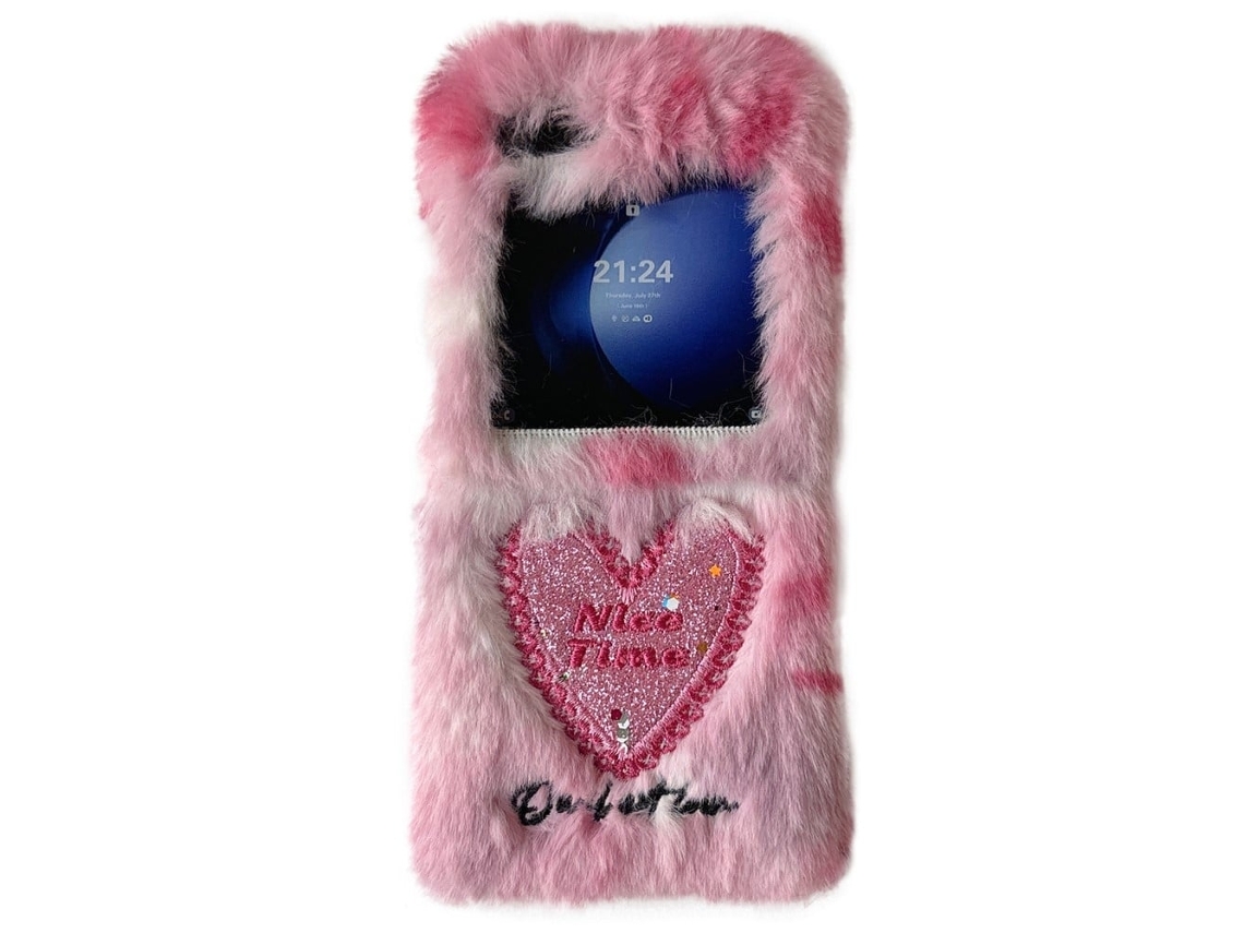 Capa Kjs-013 Samsung Galaxy Z Flip6 5g Com Glitter Em Formato De Coração, Rígida E Com Revestimento De Pelúcia Quente, Rosa