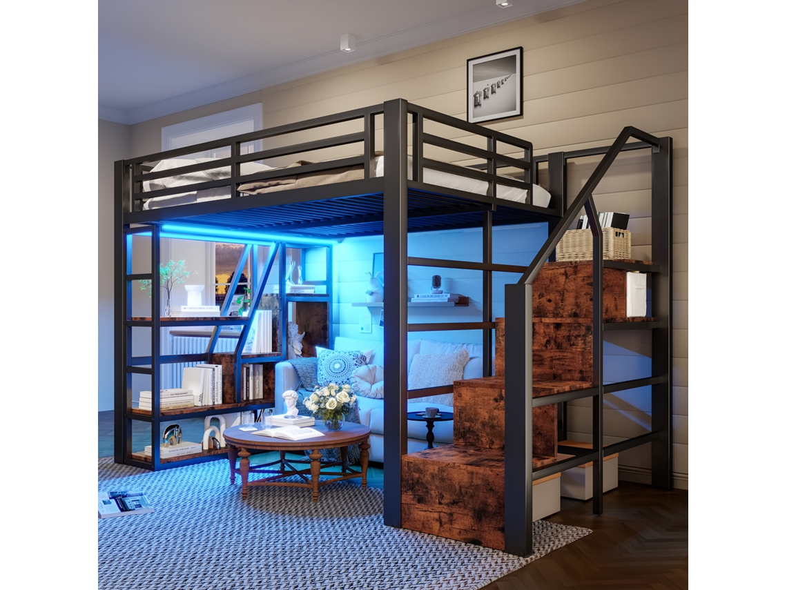 Cama Alta Mdf E Metal Preto 140x200 Cm