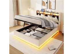 Cama Multifuncional 140x200 Led Prateleiras Usb-c Cabeceira Armazenamento 300kg Bege