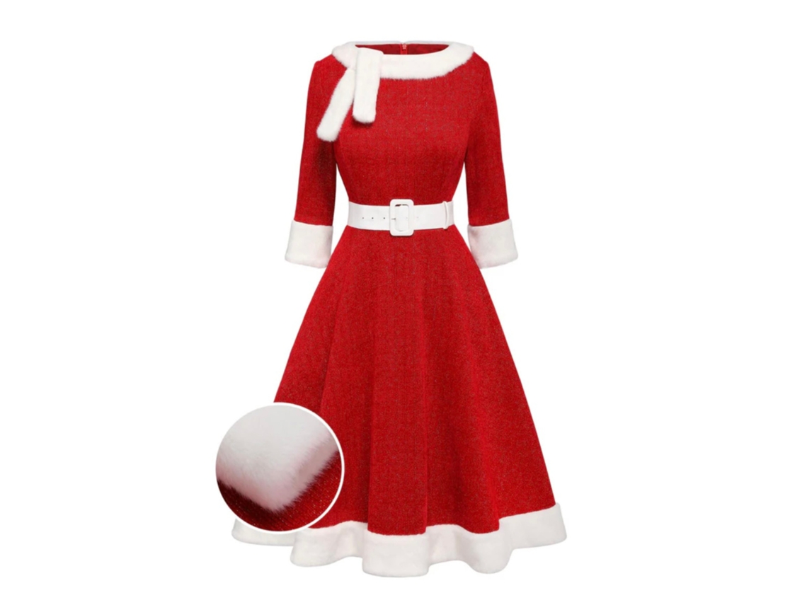 Roupas de Natal Cinto de Gola Peluda Slim Fit Manga Três Quartos Vestido Quente Xl