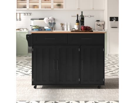 Carrinho De Jantar Grande Preto 129x46x91,5cm,painel De Madeira Maciça,superfície Dobrável,rodas E Pés De Madeira Mega Echo Trade Shop