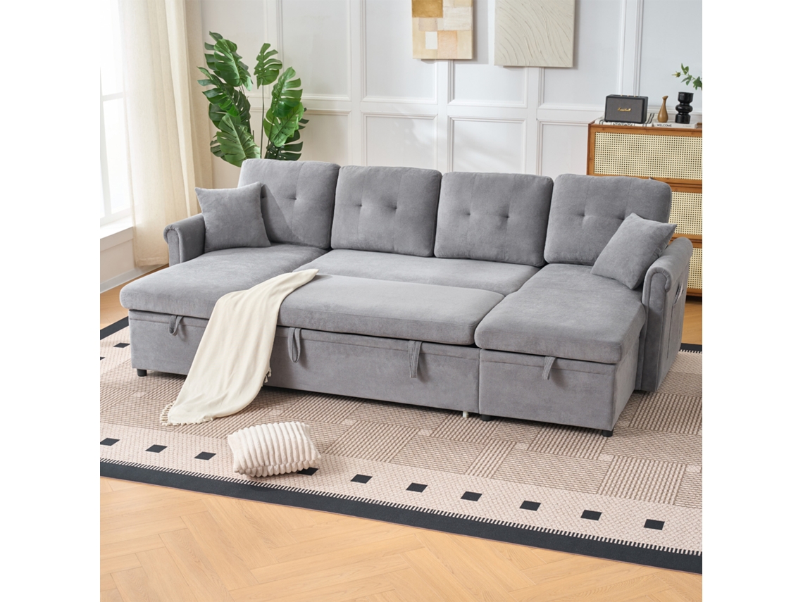 Sofá De Canto Em Formato De U Com Função De Cama E Compartimento De Armazenamento, Cinza