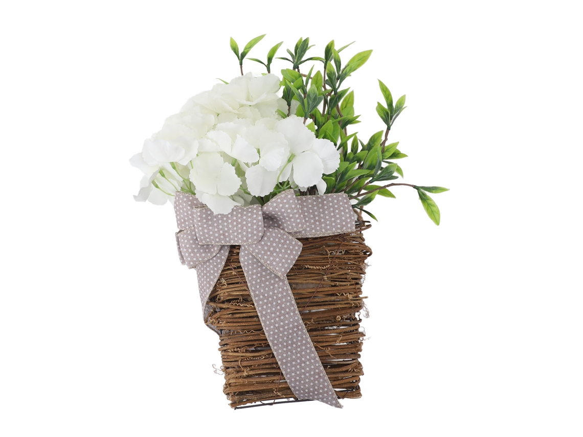 Cesto decorativo para porta com hortênsia artificial