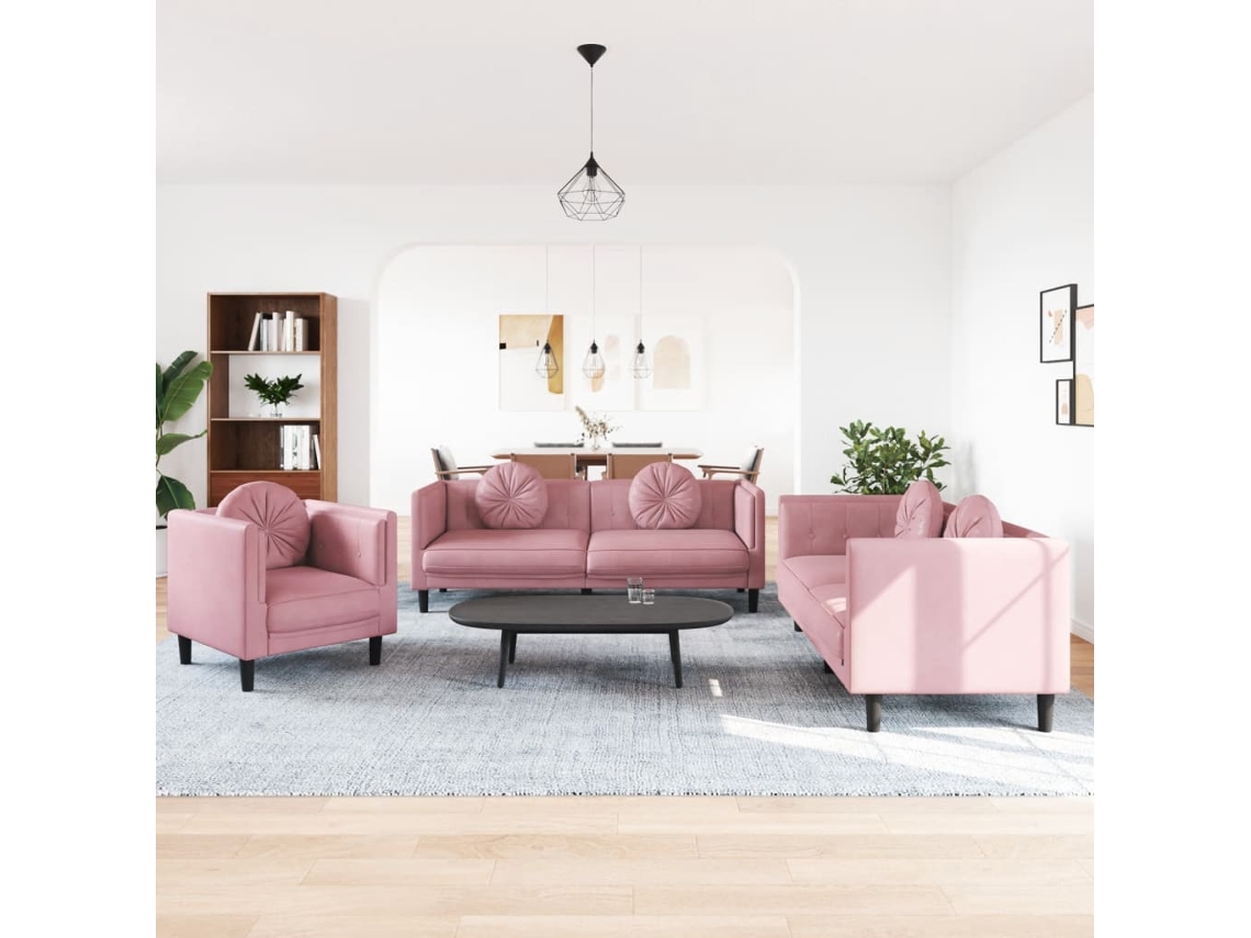 Vidaxl 3 Pcs Conjunto De Sofás Com Almofadas Veludo Rosa