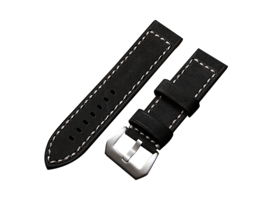 Pulseira de couro genuíno para relógio masculino, substituição, 22 mm, preta e prateada.