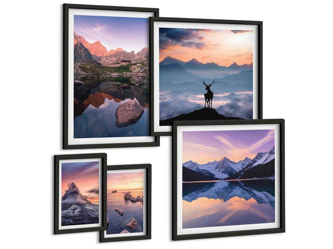 Conjunto De Pinturas Por Do Sol Nas Montanhas Reflexos Espelharte (5 Peças)