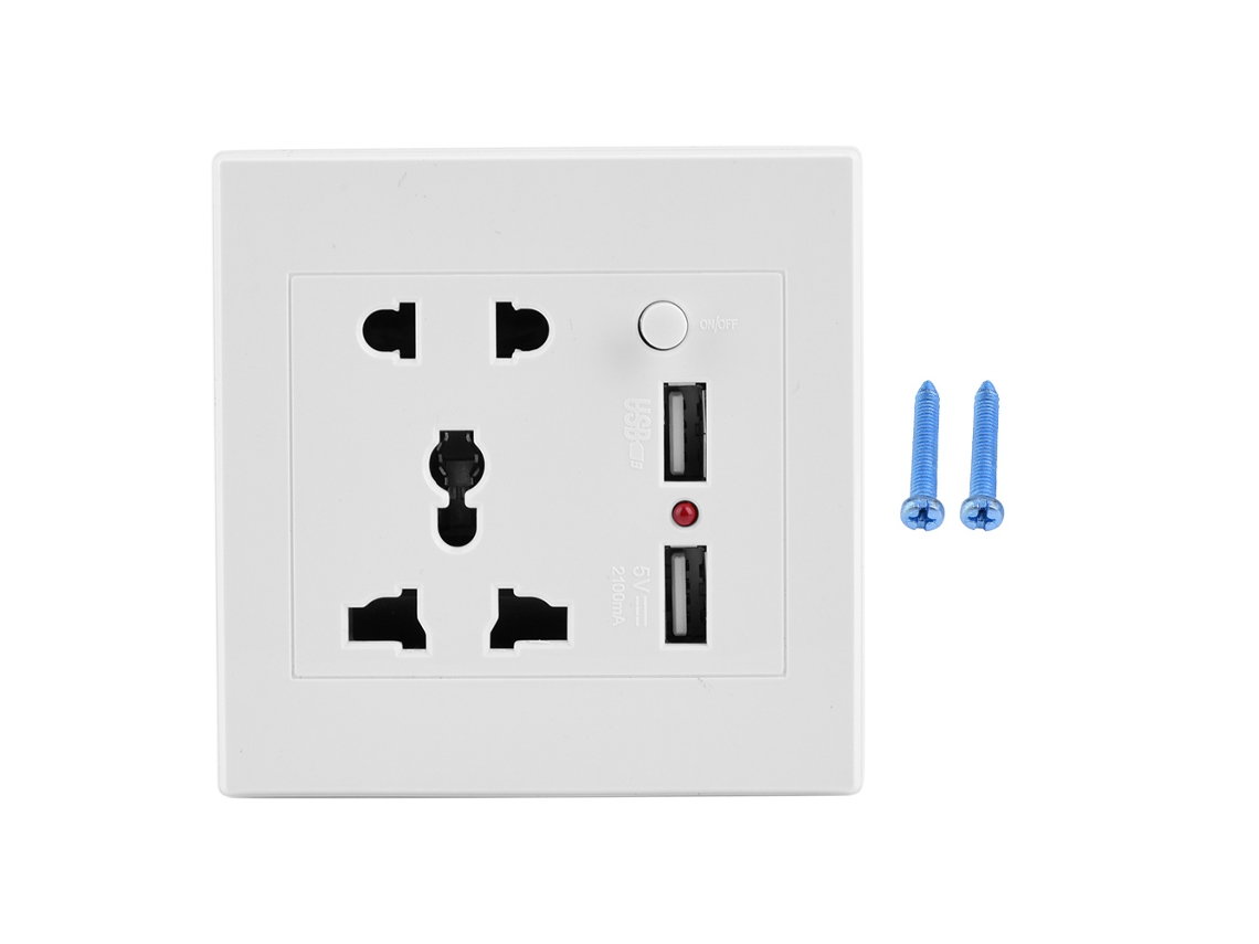 Interruptor de parede multifuncional com duas portas USB, 5 furos e carrinho USB 110-250V