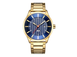 Relógio masculino redondo com pulseira de aço inoxidável, resistente à água, movimento de quartzo, azul e dourado.
