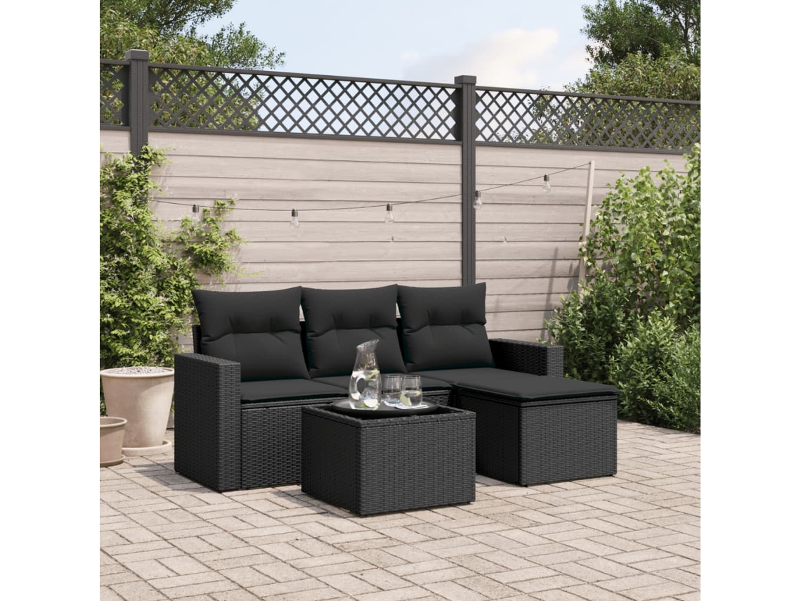 Vidaxl 5 Pcs Conjunto Sofás De Jardim Com Almofadões Vime Pe Preto