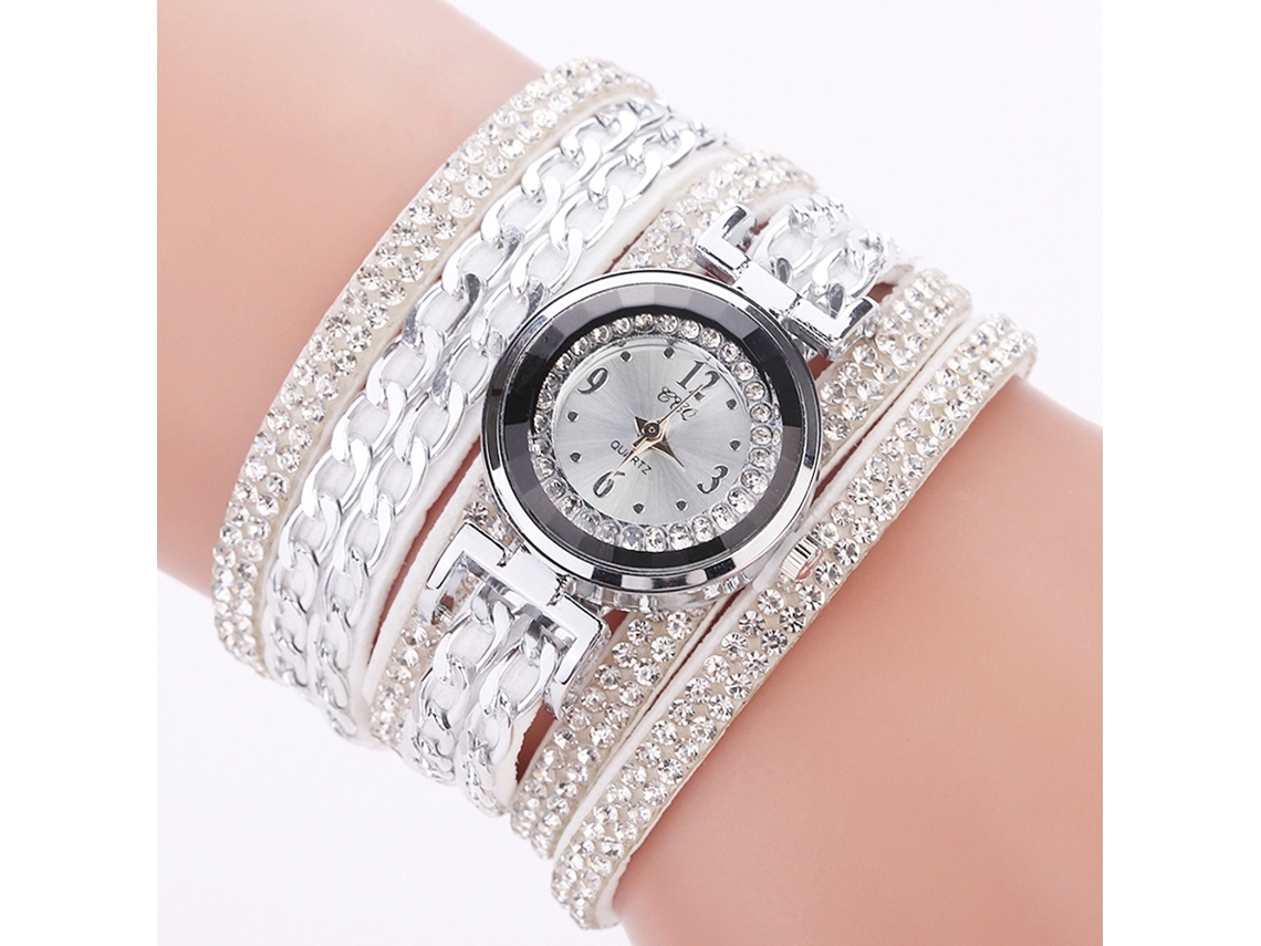 Relógio de Pulso Feminino de Quartzo com Cinto de Strass Multicamadas e Veludo (branco)