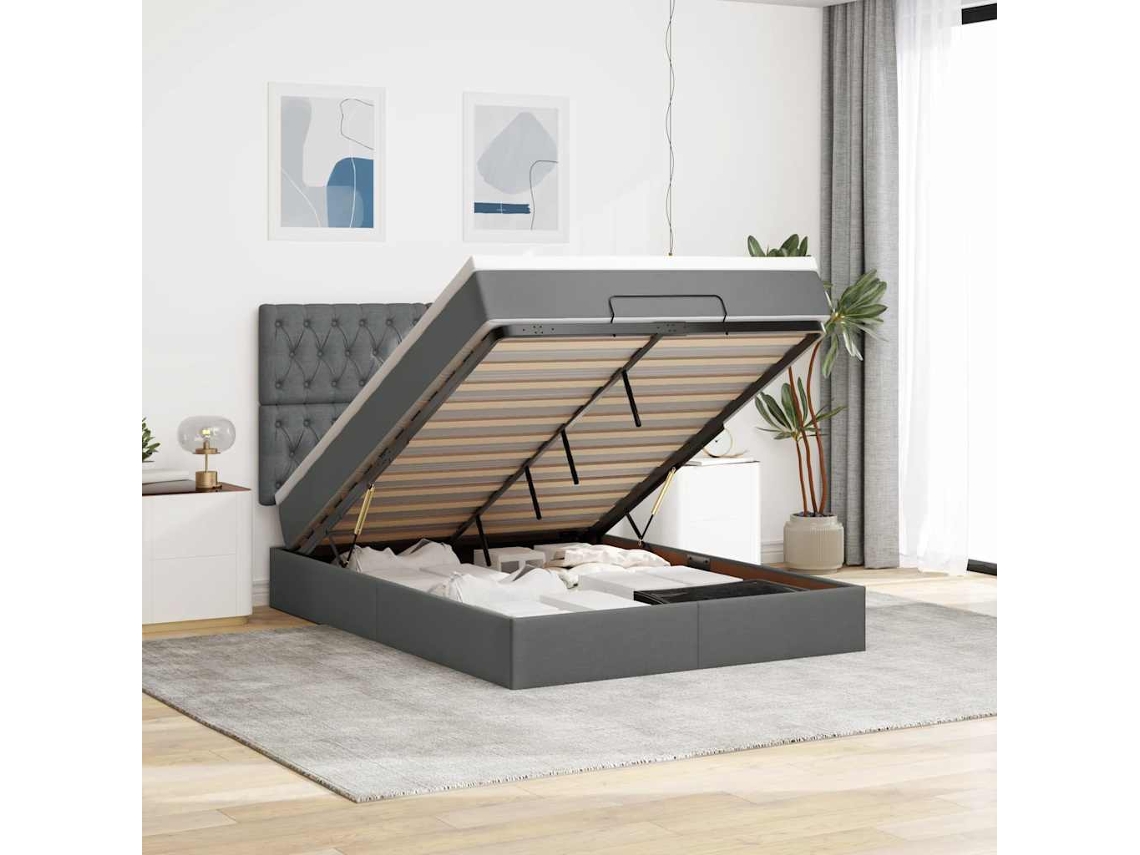 Vidaxl Estrutura Cama Otomana Colchão 140x200cm Tecido Cinzento Escuro