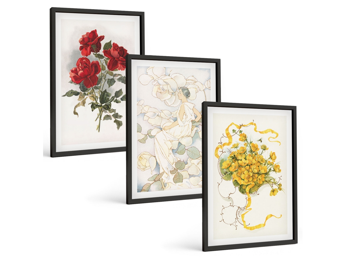 Conjunto De Pinturas Rosas, Vermelho, Branco, Figura Espelharte (3 Peças 40x60 Cm)